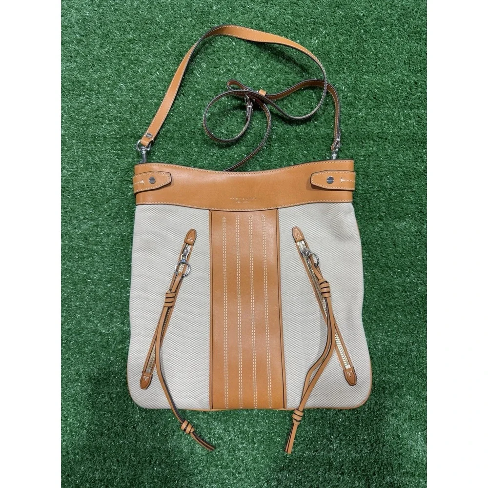 Tory Burch Moto Crossbody Bag Canvas Leather Beige Women's Shoulder Bag